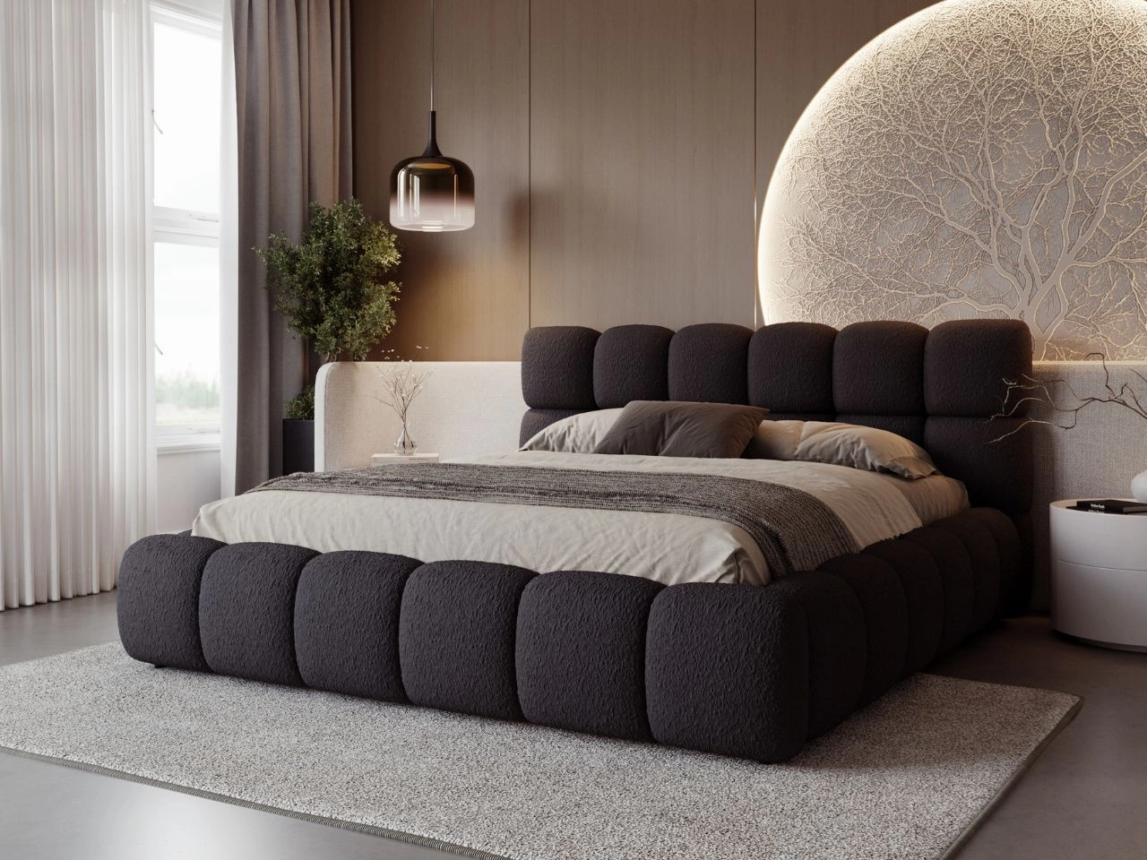 Polsterbett mit Bettkasten und Lattenrost 180x200 Modo aus Bouclé-Stoff Schwarz