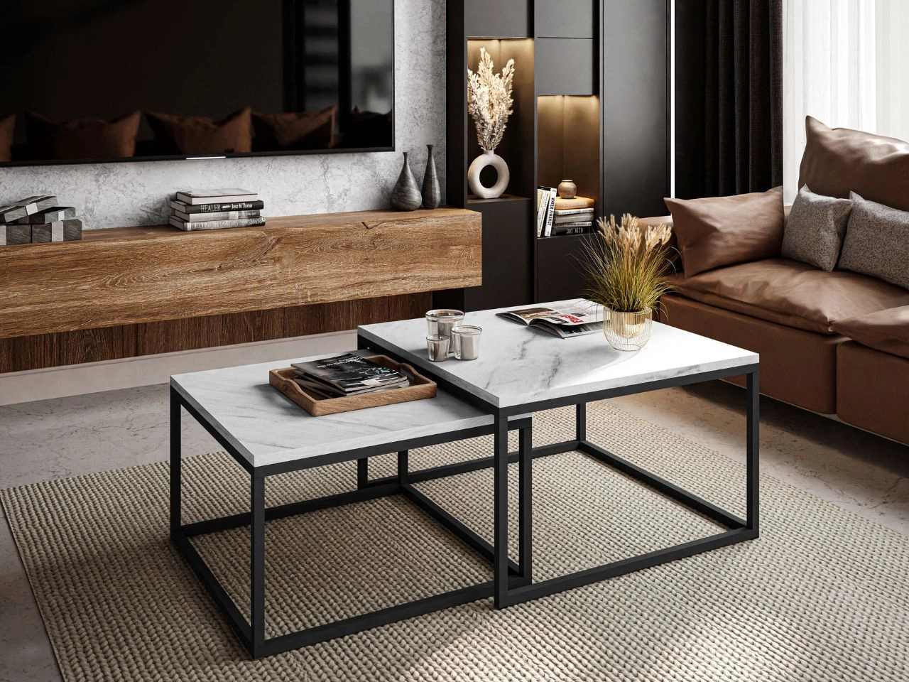 Couchtisch auf schwarzem Metallrahmen mit weißer Marmorimitat Asumi 36x42