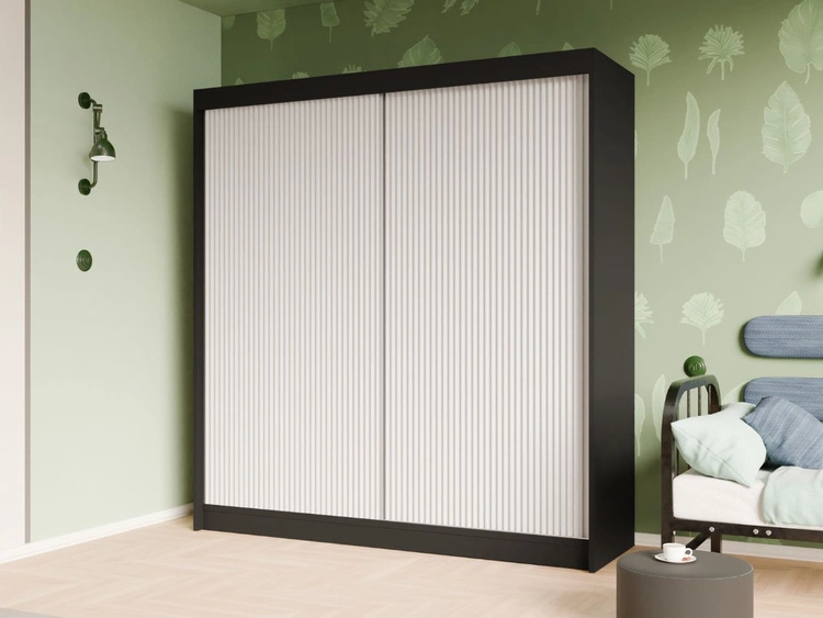 Schiebetürenschrank mit geriffelter Front 200 cm Fano Schwarz, Weiß