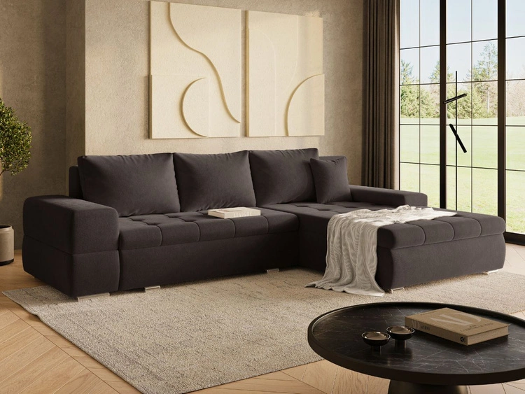 Ecksofa L-Form mit Schlaffunktion und Bettkasten Sonia Braun