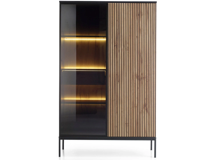 Vitrinenschrank mit Led Deo 166 cm Schwarz, EIche Wotan