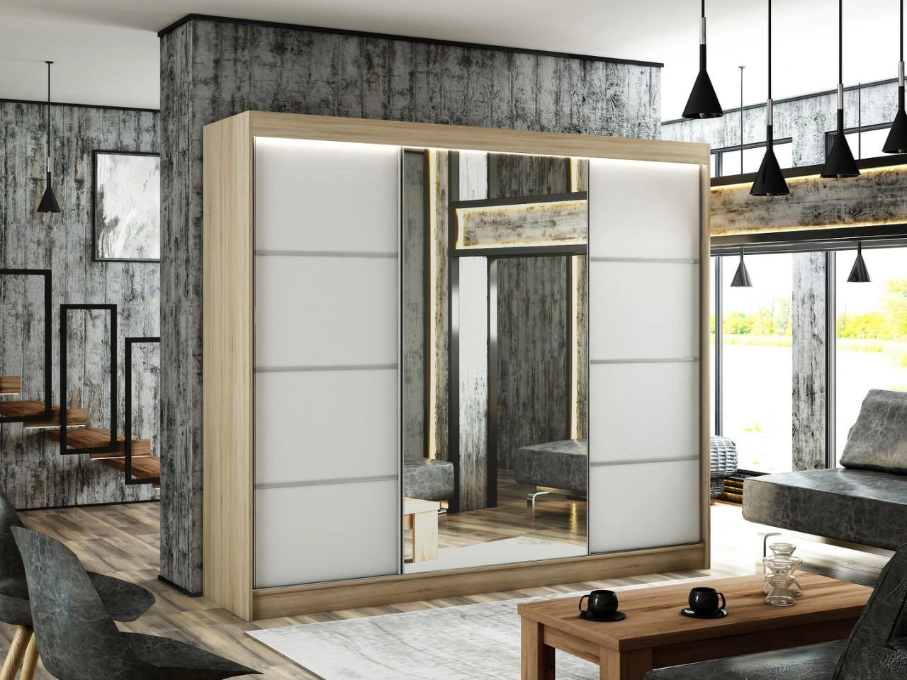 Schiebetürenschrank mit Spiegel 250 cm mit LED-Beleuchtung Portel Weiß, Eiche Sonoma