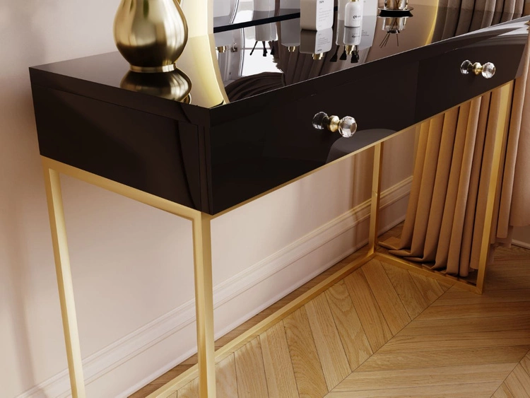 Schminktisch mit Schubladen Belleza Schwarz Hochglanz Gold Frame