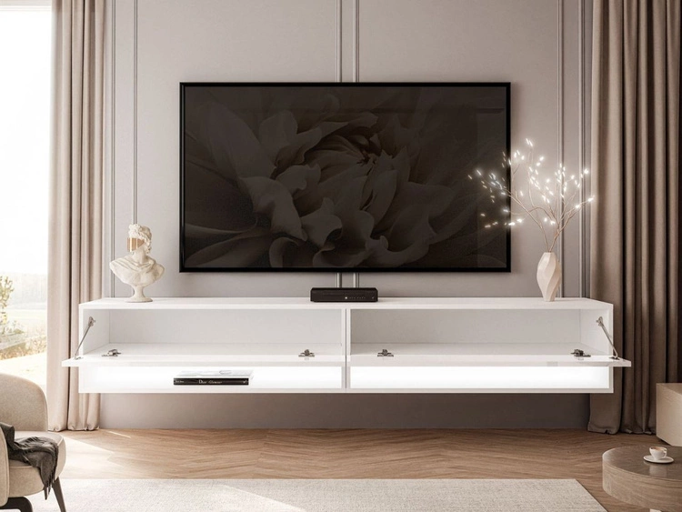 Hänge TV-Schrank 180 cm für Wohnzimmer mit LED-Beleuchtung Aurelie Weiß Hochglanz