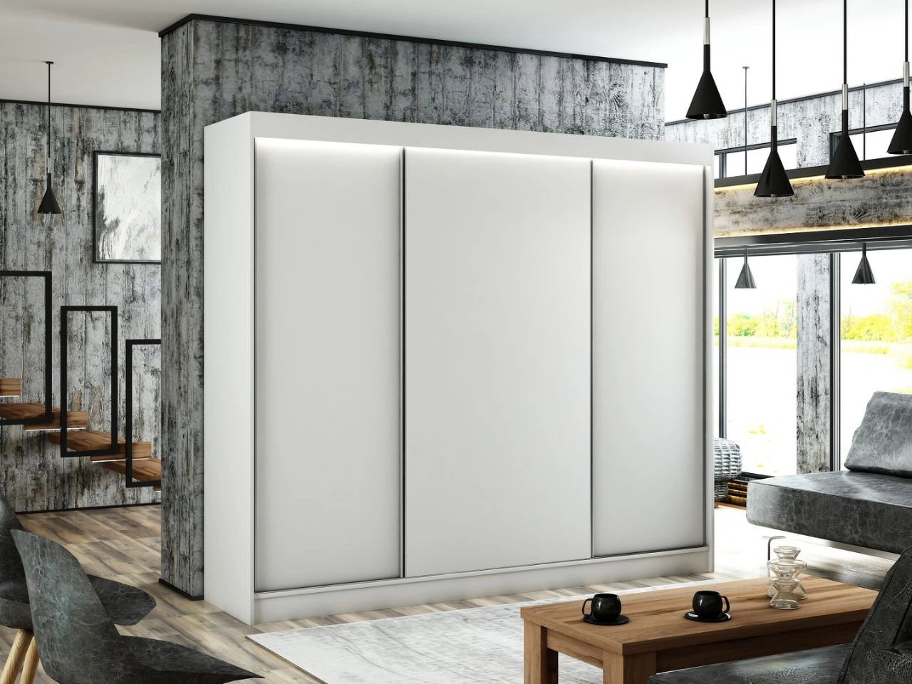 Schiebetürenschrank 250 cm mit LED-Beleuchtung Diano Weiß