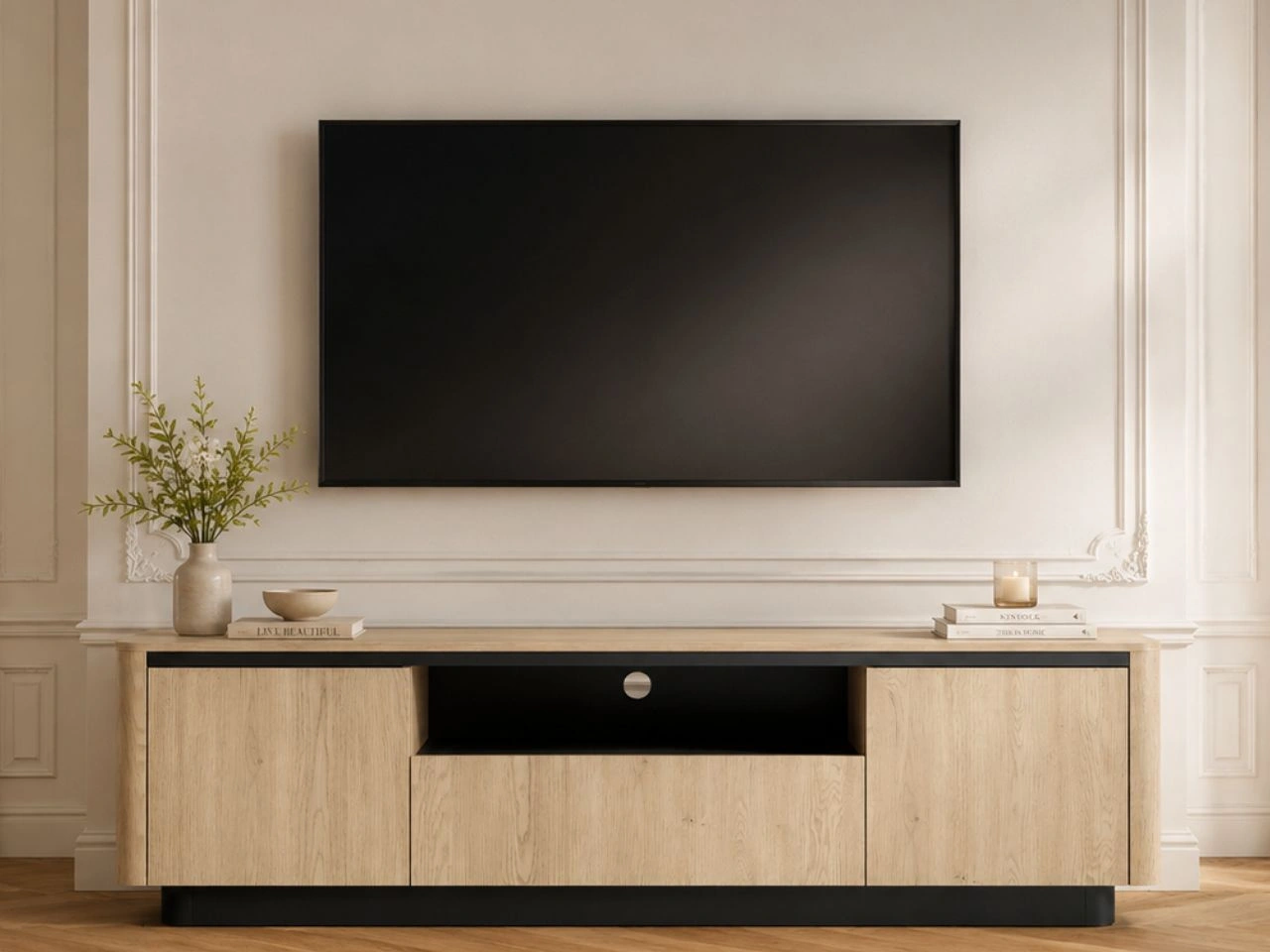TV-Lowboard mit drei Türen Fascino Eiche Cremona / Schwarz