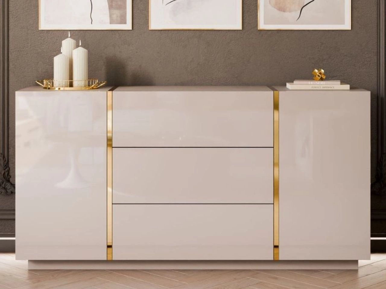 Zweitürige Kommode 158 cm mit drei Schubladen Lunelie Kaschmirglanz