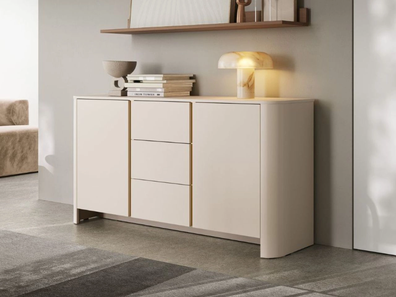 Zweitürige Kommode mit goldener Zierleiste Brillo Kaschmir