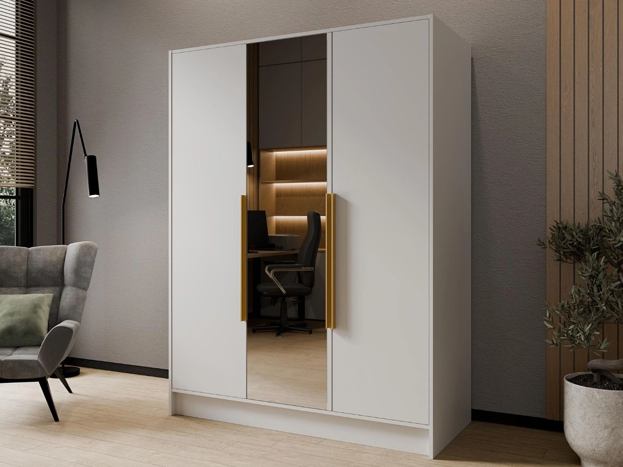 Kleiderschrank mit Spiegel 150 cm Lucca Weiß mit goldenen Griffen