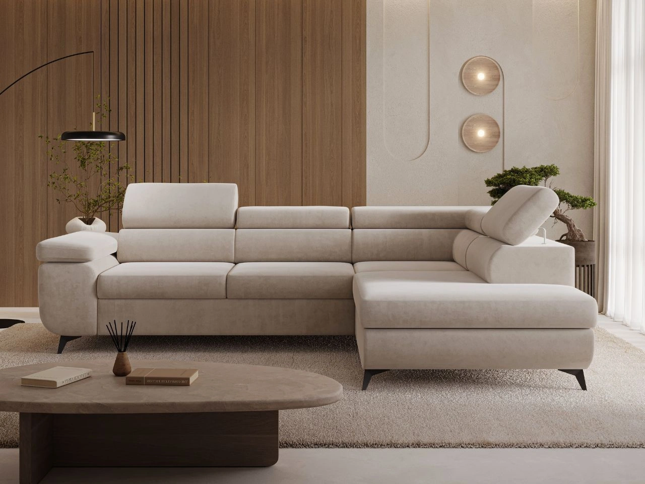 Ecksofa L-Form mit Schlaffunktion und Bettkasten Argon Rechts Beige