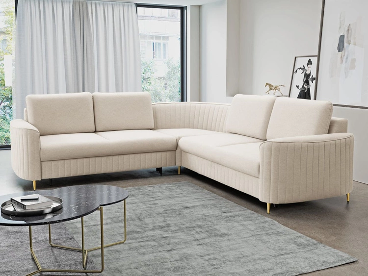 Ecksofa L-Form Rechts mit Schlaffunktion und Bettkasten Limon Beige