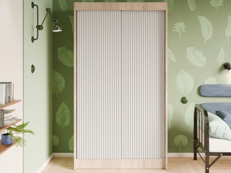 Schiebetürenschrank mit geriffelter Front 120 cm Fano Eiche Sonoma, Weiß