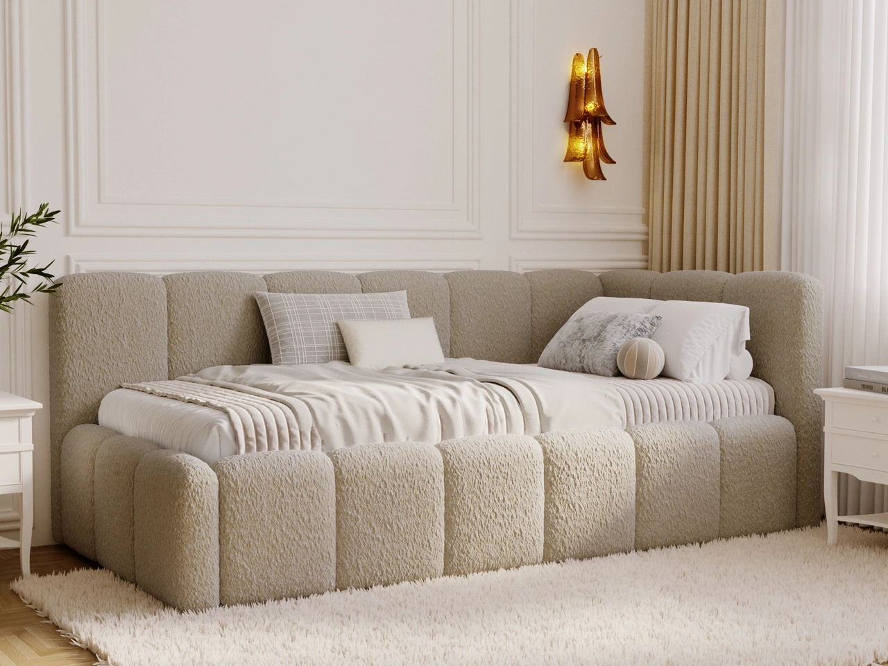 Jugendbett Einzelbett mit Bettkasten und Lattenrost 90x200 Cloud One Dunkelbeige Bouclé-Stoff