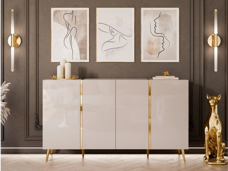 Viertürige Kommode 158 cm Glamour-Stil auf goldfarbenen Metallbeinen Lunelie Kaschmirglanz