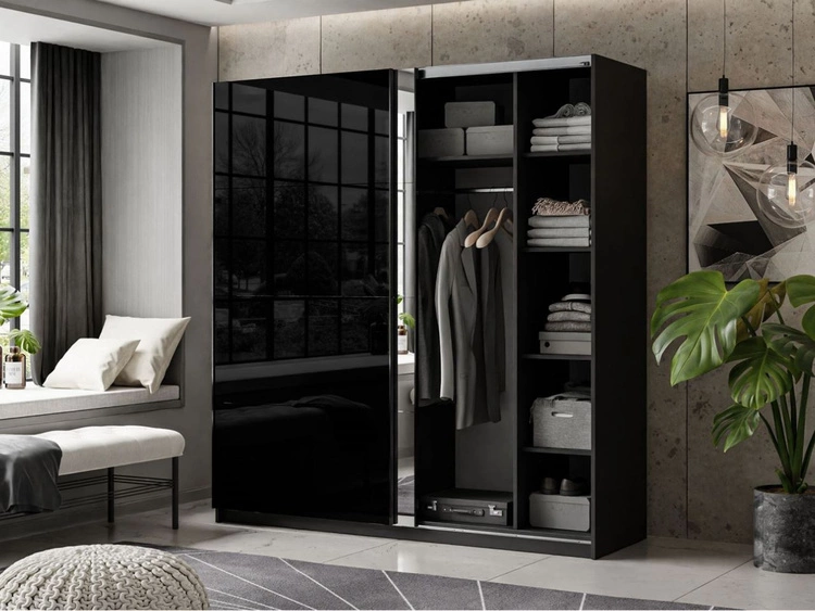 Schwebetürenschrank Zweitüriger mit Spiegel 194 cm Nuveo Schwarz Hochglanz