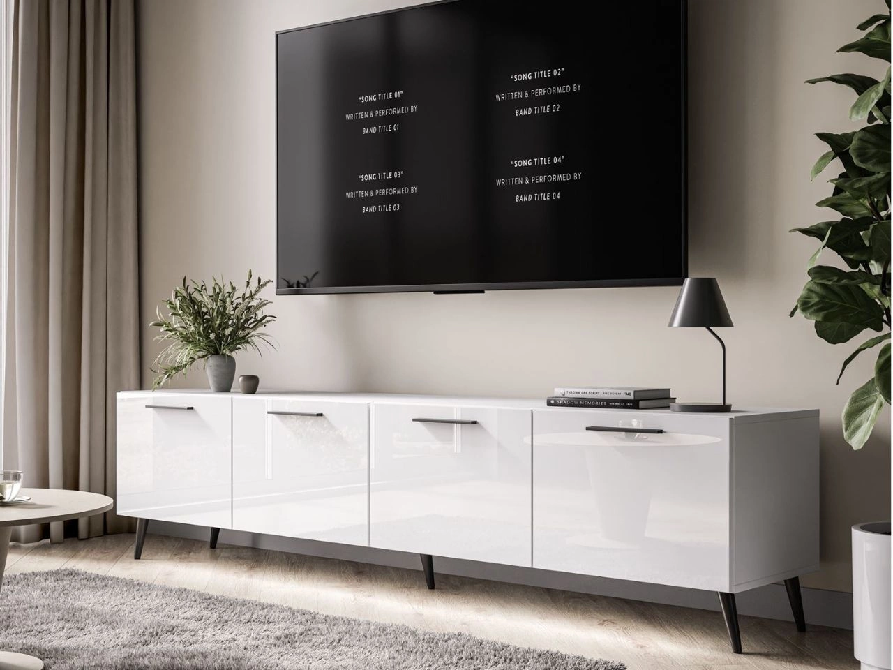 TV-Lowboard mit Türen und LED-Beleuchtung auf Schwarzen Metallbeinen 200 cm Noaé Weiß Hochglanz