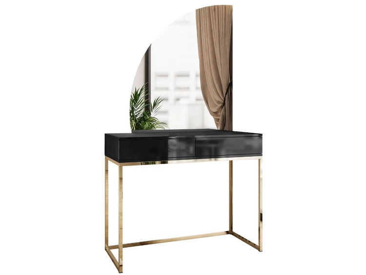 Kosmetiktisch linksseitig mit Schubladen und LED-Beleuchtung auf goldenen Beinen Clarette Schwarz Hochglanz