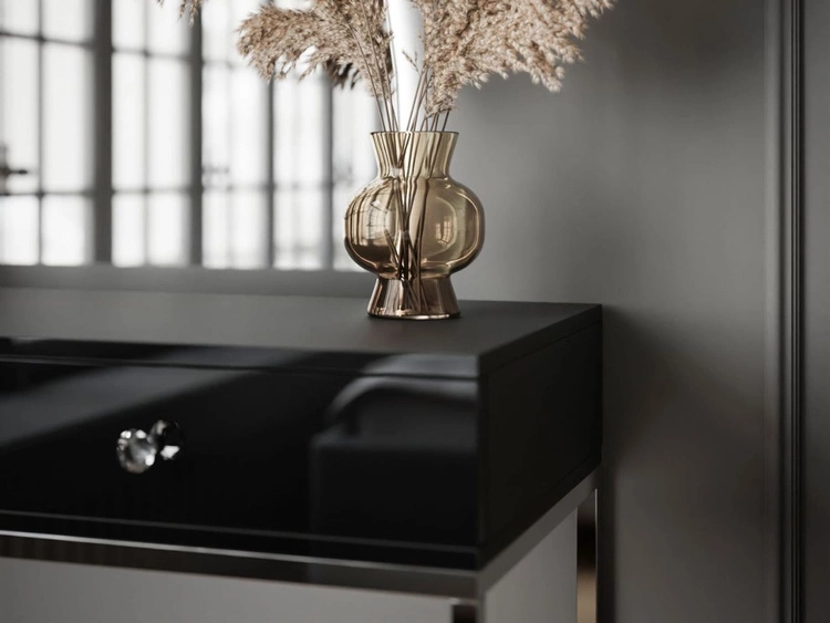 Kosmetiktisch rechtsseitig mit Schubladen und LED-Beleuchtung auf silbernen Beinen Clarette Schwarz Hochglanz