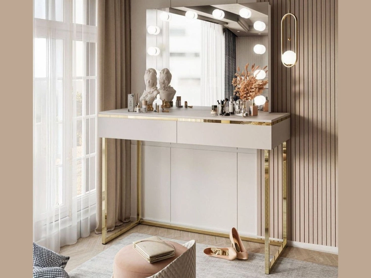 Schminktisch Glamour mit Schubladen, Spiegiel und LED-Beleuchtung auf goldenen Gestell Evare Kaschmir 