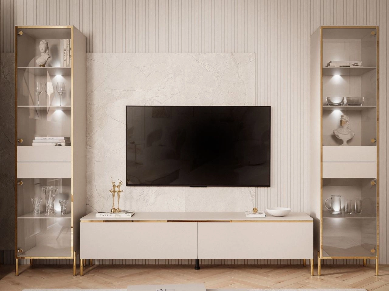 Wohnzimmer-Set mit zwei Vitrinen und LED-Beleuchtung im Glamour-Stil Evare Kaschmir
