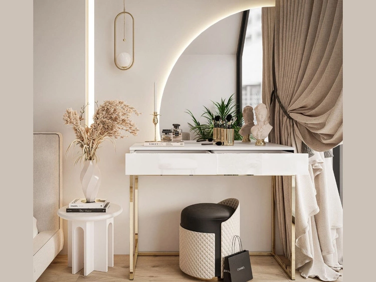 Kosmetiktisch linksseitig mit Schubladen und LED-Beleuchtung auf goldenen Beinen Clarette Weiß Hochglanz