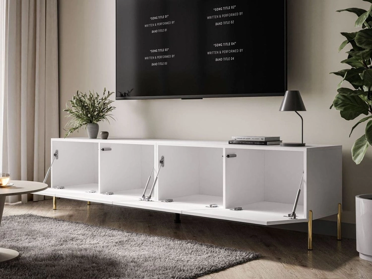 TV-Lowboard mit Türen auf Goldenen Metallbeinen 200 cm Nodoo Weiß Hochglanz