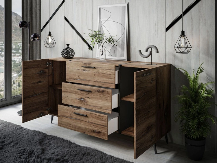 Zweitürige Kommode 158 cm mit drei Schubladen und schwarzen Griffen Lunelie Flagstaff-Eiche