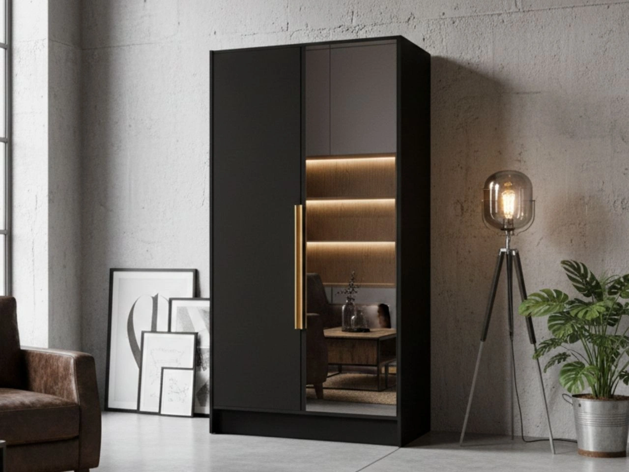 Kleiderschrank mit Spiegel 100 cm Lucca Schwarz mit goldenen Griffen