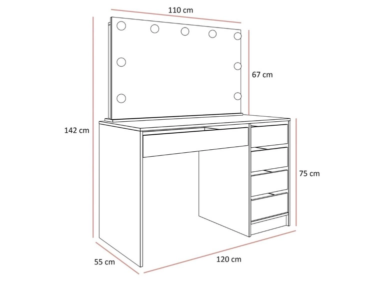 Schminktisch mit Spiegel, Schubladen und LED Melo Elite Kaschmir Hochglanz