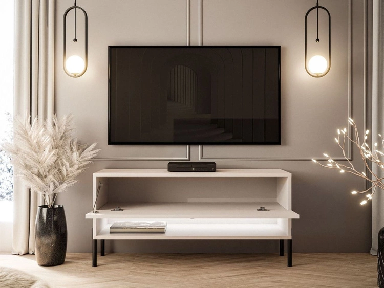 TV-Schrank 90 cm mit LED-Beleuchtung und schwarzen Metallbeinen Aurelie Kaschmir Hochglanz
