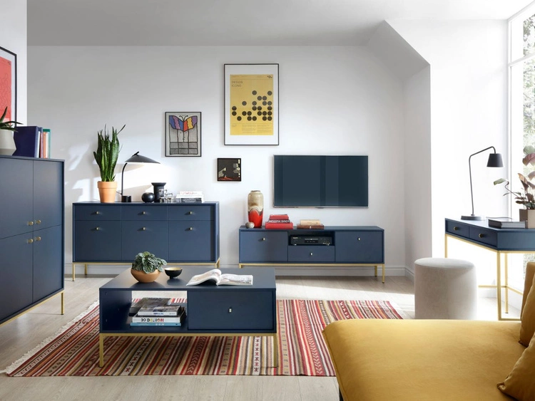 Kommode mit Türen sowie Schubladen mit Golden Metallbeinen 154 cm Amor Marineblau