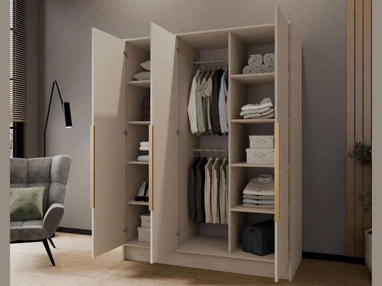 Kleiderschrank mit Spiegel 150 cm Lucca Kaschmir mit goldenen Griffen