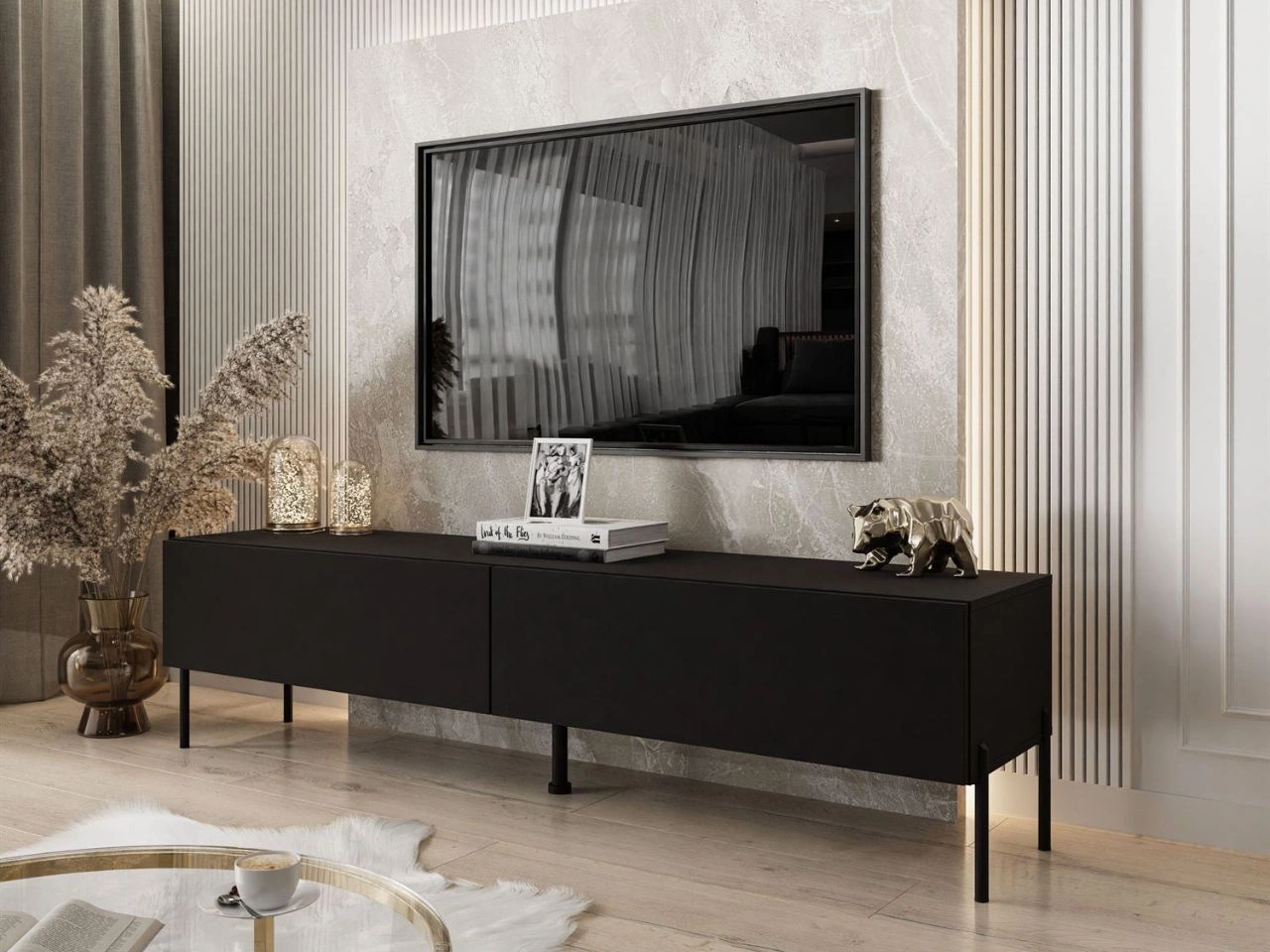 TV-Lowboard mit zwei Türen auf schwarzen Beinen 175 cm mit LED-Beleuchtung Sorelle Schwarz Matt