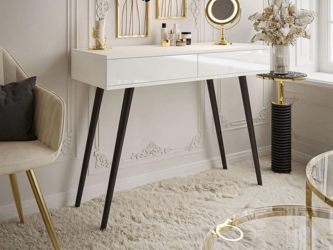 Konsolentisch mit Schubladen und schwarzen Beinen Olivine Weiß Hochglanz