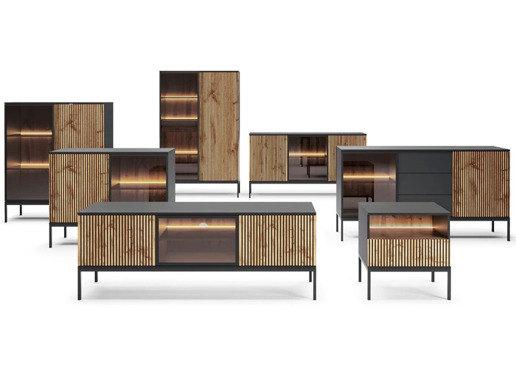 Vitrinenschrank mit Led Deo 166 cm Schwarz, EIche Wotan