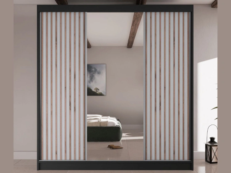 Schiebetürenschrank mit Lamellen und Spiegel 200 cm Lucena Schwarz, Weiß