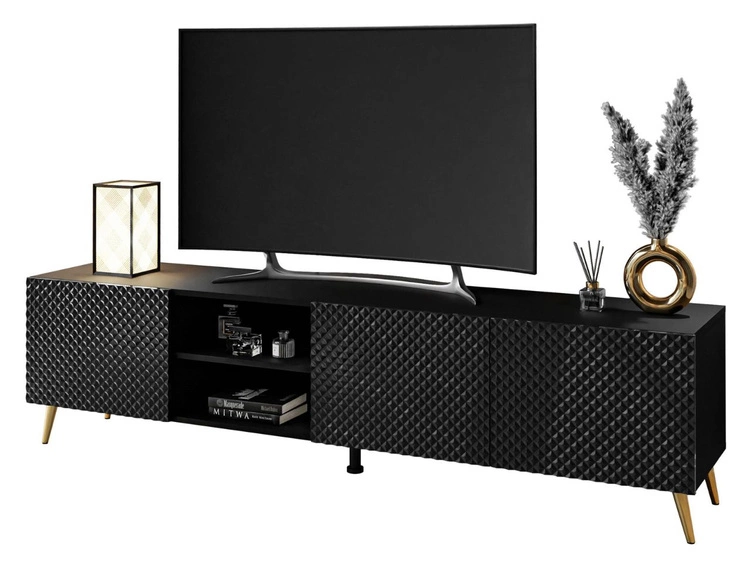 TV-Schrank mit 3D-gefrästen Fronten und goldenen Metallbeinen Celiane Schwarz Glanz