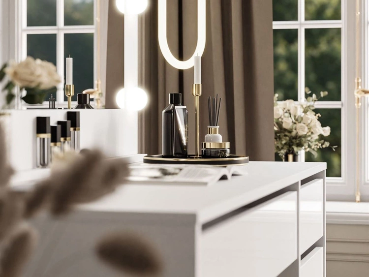 Schminktisch Glamour mit Spiegel, Schubladen und LED Melo Weiß Hochglanz