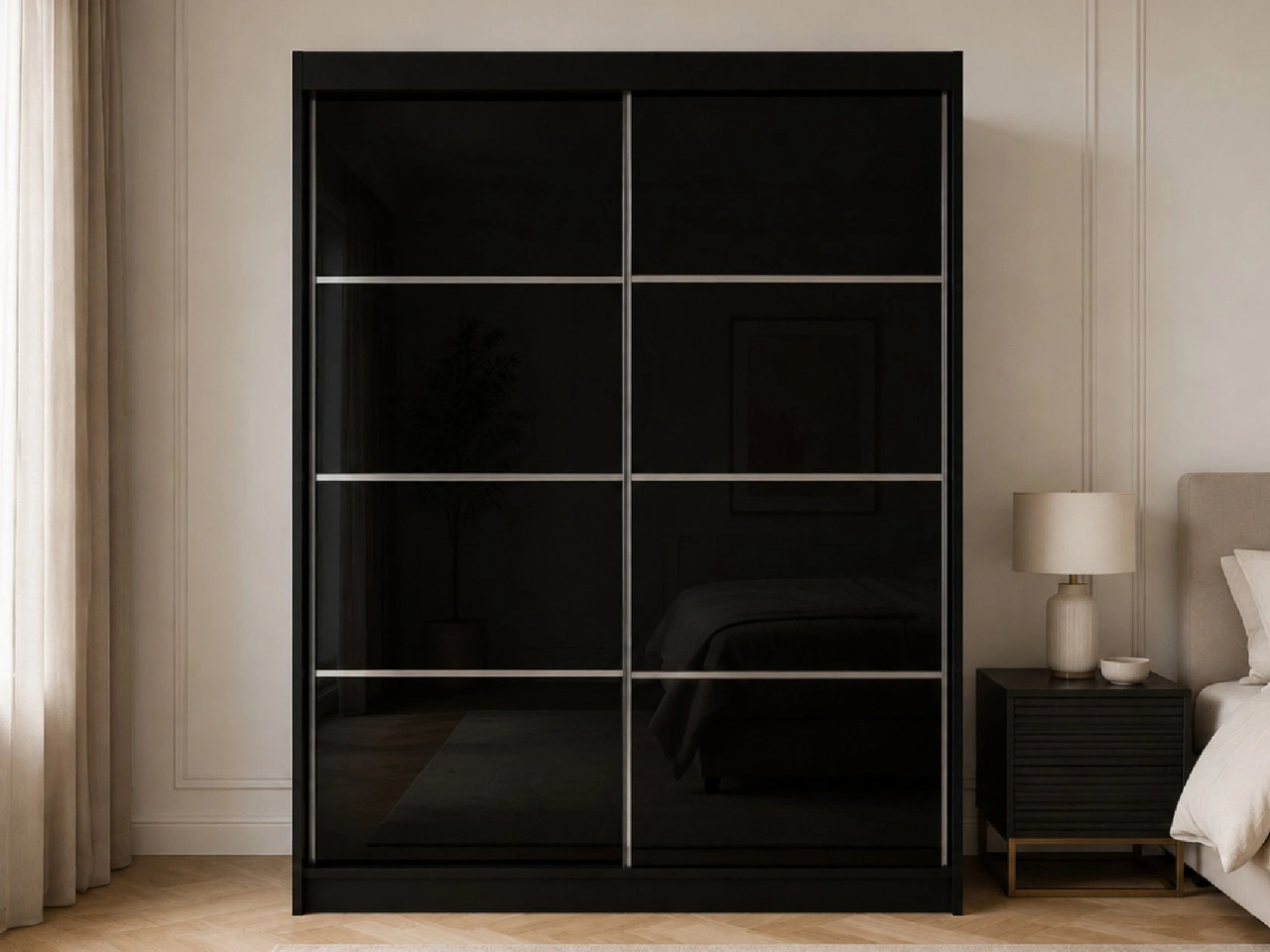 Schiebetürenschrank mit Sprossen 150 cm mit LED-Beleuchtung Ponti Schwarz