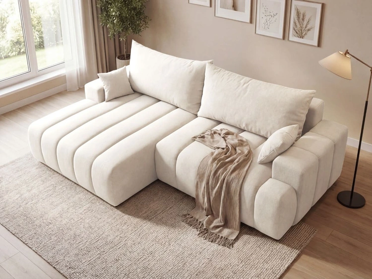 Ecksofa L-Form Links mit Schlaffunktion und Bettkasten Caleo Creme