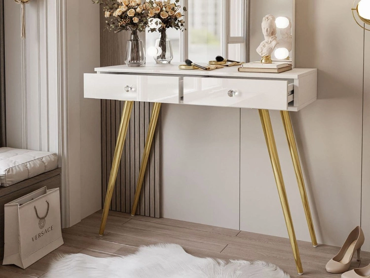 Schminktisch im Glamour-Stil mit Schubladen, Kristallgriffen und LED-Beleuchtung Olivine Elite Weiß Hochglanz