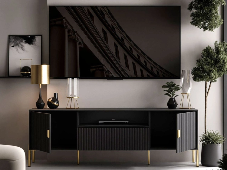 TV-Lowboard breit zweitürig mit Schublade und goldenen Metallfüßen Orlean Schwarz Matt