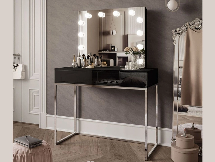 Schminktisch  Glamour mit Schubladen, Spiegel und LED-Beleuchtung Brisa Schwarz Hochglanz
