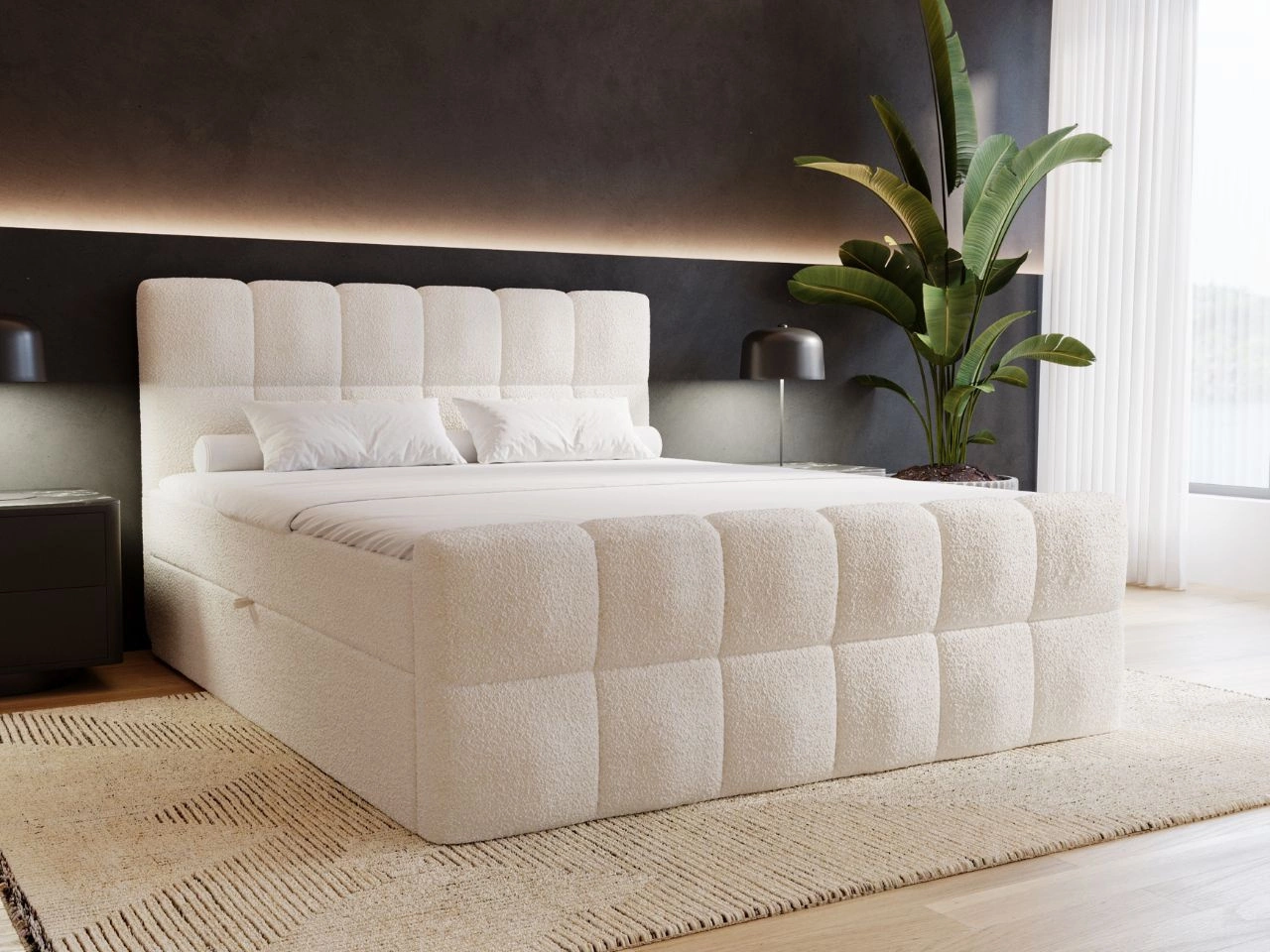 Boxspringbett mit Bettkasten 180x200 Bouclé-Stoff Alicante Beige