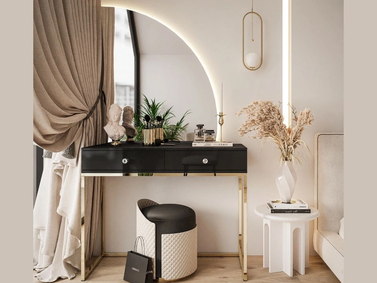 Kosmetiktisch rechtsseitig mit Schubladen und LED-Beleuchtung auf goldenen Beinen Clarette Schwarz Hochglanz