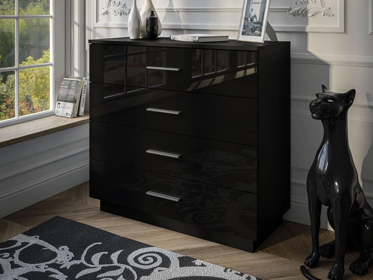 Kommode mit vier Schubladen und LED-Beleuchtung Nuveo Schwarz Hochglanz