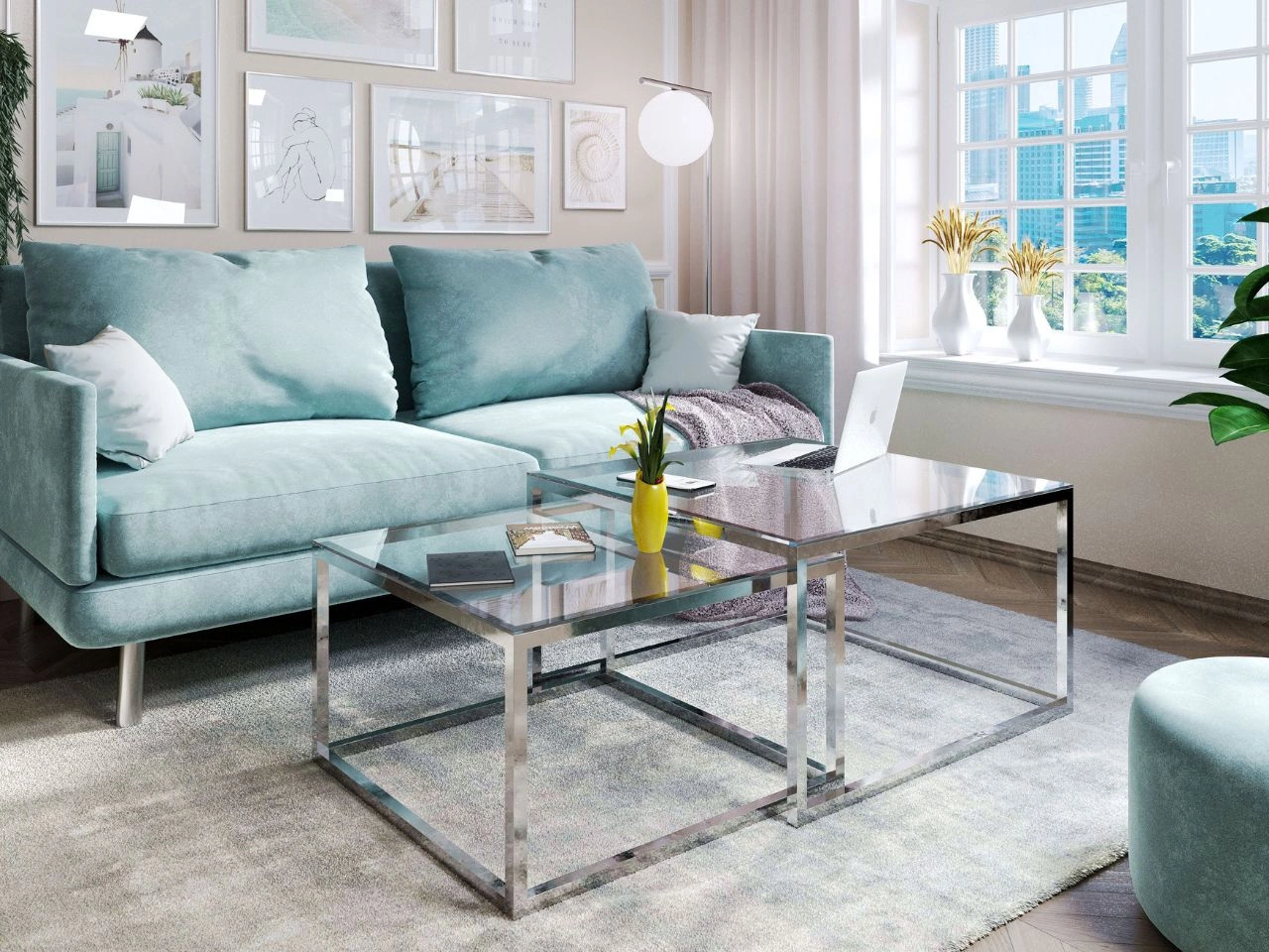 Couchtisch Asumi mit verchromtem Gestell und transparenter Glasplatte 39x45