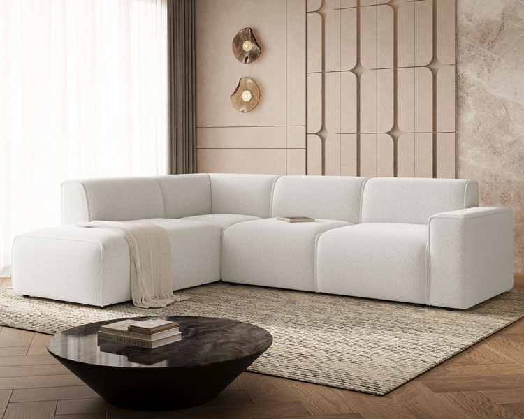 Ecksofa L-Form Links Eluno Bouclé-Stoff Weiß