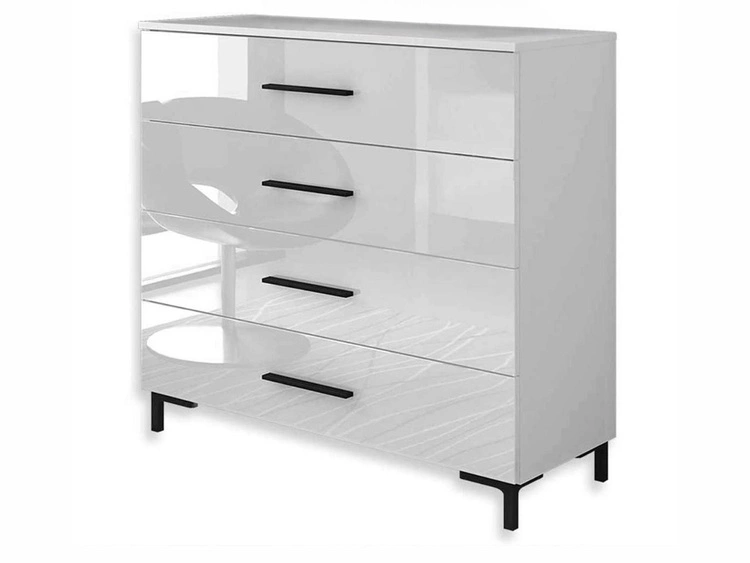 Kommode mit vier Schubladen und LED-Beleuchtung auf Schwarzen Beinen Nuveo Weiß Hochglanz