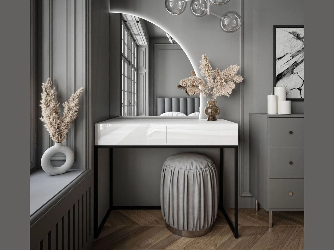 Kosmetiktisch  rechtsseitig mit Schubladen und LED-Beleuchtung auf schwarzen Beinen Clarette Weiß Hochglanz